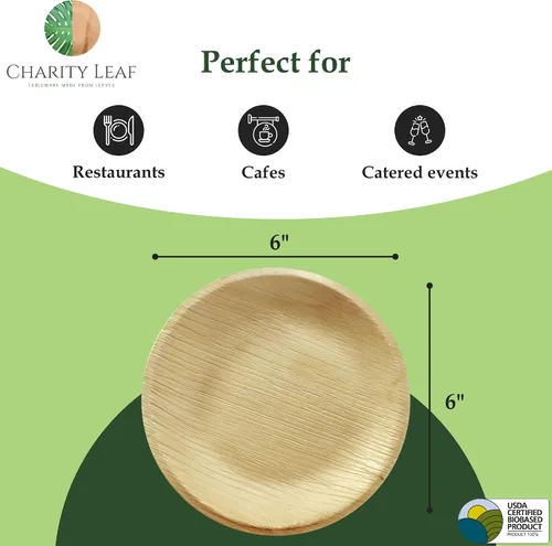Vista 3 de Charity Leaf Platos redondos desechables de hoja de palma de 6 pulgadas (50 piezas) platos para servir como bambú, tablas desechables, vajilla