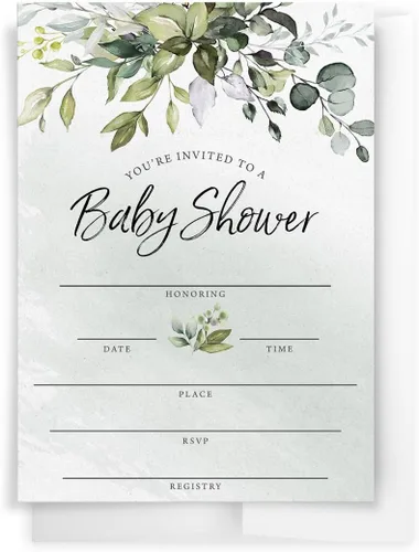 Vista 3 de Printed Party Invitaciones y sobres para baby shower, eucalipto verde, juego de 30