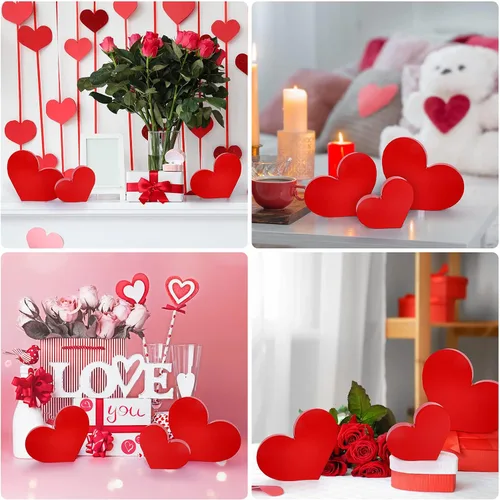 Vista 7 de Whaline Decoración de mesa de madera con forma de corazón para el día de San Valentín, centro de mesa con forma de corazones rojos, 3 tamaños