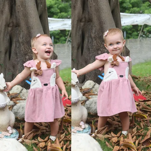 Vista 2 de MBMSHEGH Vestidos de bebé para niña, vestido sin mangas con volantes, lindo vestido de reno, vestidos casuales de otoño para niños, Rosado
