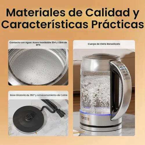 Vista 4 de TOPZEE Hervidor eléctrico de vidrio de 1.7L para café y té, caldera de agua caliente con 6 temperaturas preestablecidas, función de mantener