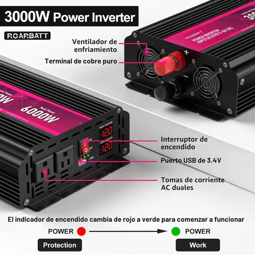 Vista 3 de Inversor de corriente de 3000 W, de 12 V de CC a 110 V/120 V de CA, potencia máxima de pico de 6000 W, con 2 tomas de CA y 2 puertos USB 2.4 Rosa