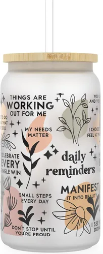Vista 9 de Taza de Café Helado de Afirmación Diaria [Esmerilada], Tazas de Vidrio con Tapas y Popotes de Bambú Tarro Mason de 16 oz de Vasos para Beber