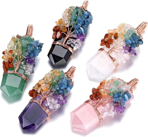 Vista 6 de Top Plaza Collar de piedra preciosa de cristal curativo natural, árbol de la vida, collar con colgante de punta de piedra envuelta en alambre