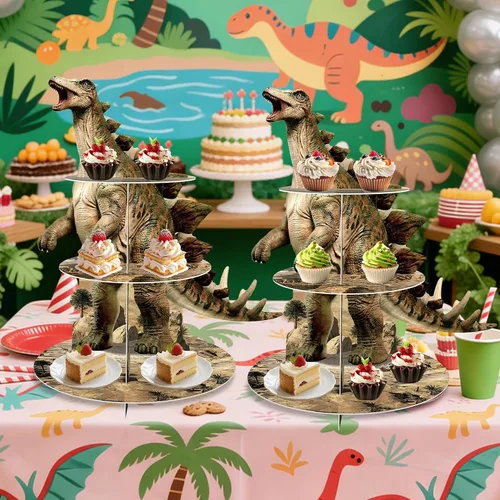 Vista 6 de Stegosaurus - Soporte para cupcakes de dinosaurio, 3 niveles, decoración
