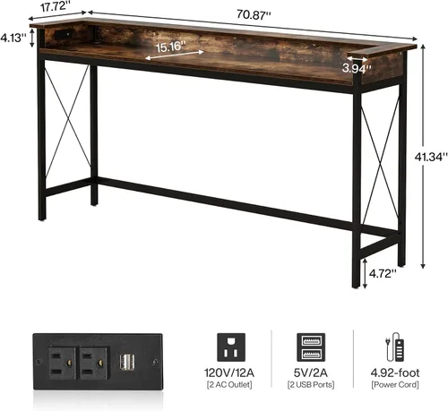 Vista 2 de Tribesigns Mesa de sofá con tomas de corriente y puertos USB, mesa consola extra larga de 70.9 pulgadas detrás del sofá con estación de carga, mesa