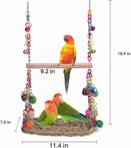 Vista 5 de FrgKbTm Juguetes de columpio para pájaros con perca de madera, plataforma de loro tejida de hierba marina, hamaca colgante para pájaros, soporte