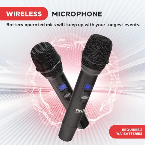 Vista 4 de Sistema de micrófono inalámbrico digital Pyle con Bluetooth - Incluye 2 micrófonos de mano UHF dinámicos, receptor portátil de largo alcance