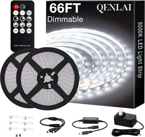 Vista 10 de Tira de luces LED blancas de 20 pies con control remoto, tira de luz LED regulable de 6500 K de 12 V, 360 luces LED flexibles para dormitorio