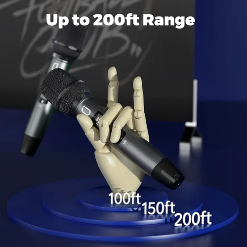 Vista 7 de HWWR Micrófonos inalámbricos, micrófonos duales UHF profesionales para karaoke, sistema de micrófono dinámico inalámbrico con receptor recargable