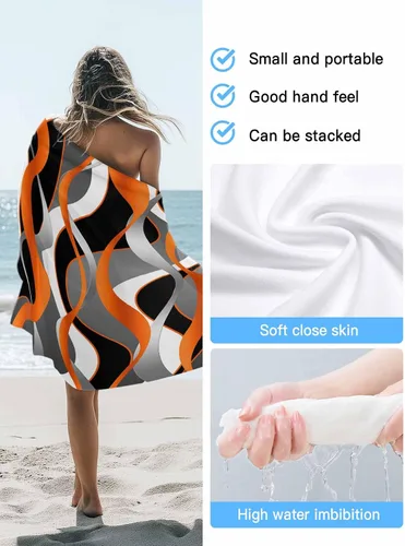 Vista 6 de Abstract Orange Black Gray White Line Beach Towel Oversized Pool Towels 31x63in,Quick Dry Absorbent Large Beach Blanket Soft Sand Free Bath Towel