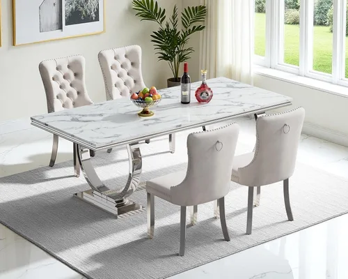 Vista 37 de Juego de mesa de comedor de mármol para 4, mesa de cocina rectangular de mármol blanco de 70 pulgadas con base en O de acero inoxidable dorado