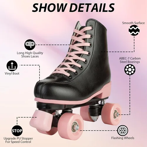 Vista 3 de YYW Patines de ruedas para mujeres y niñas, patines de derby de luces, patines de cuero sintético de doble fila, patines negros y rosas