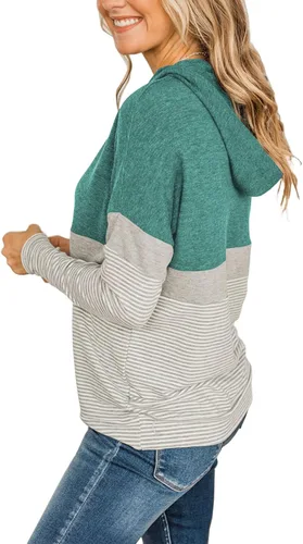 Vista 3 de Butgood Sudaderas con capucha de bloque de color para mujer, sudadera de manga larga, casual, con cordón, a rayas, túnica