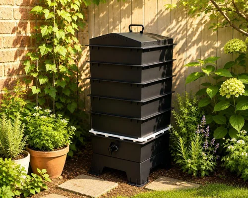 Vista 3 de ® Contenedor de compost de 5 bandejas, modelo clásico, negro mate con bandeja para guardar gusanos gratis Negro mate (matt black)