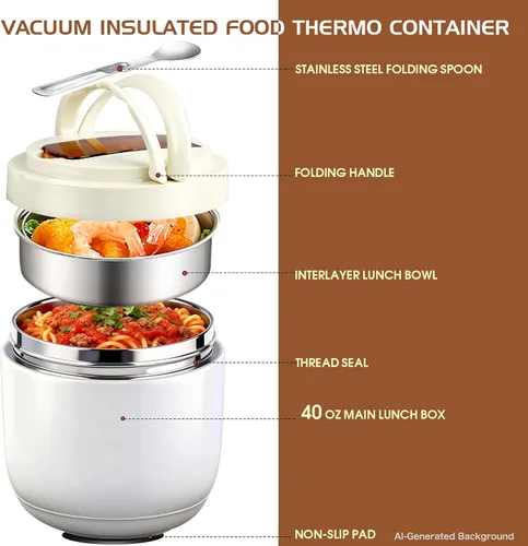 Vista 4 de Tarro de comida aislado de 40 onzas con 2 compartimentos, recipientes herméticos para comida caliente, boca ancha, acero inoxidable, incluye cuchara