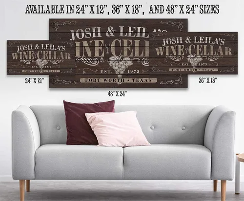 Vista 3 de Personalized Wine Cellar 12x24 Stretched Canvas Ready to Hang – Custom Wall Art with Name, Year, and Location, Rustic Wood Style Design for Home Bar