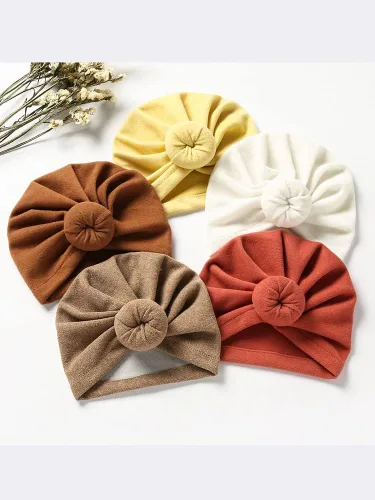 Vista 2 de Juego de gorro de algodón para recién nacido, gorro con nudo de dona, suave turbante con lazo