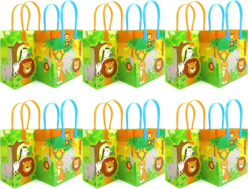 Vista 2 de TINYMILLS Bolsas de regalo con temática de animales de la selva de safari con asas, bolsas de dulces de libro de selva para fiestas de cumpleaños