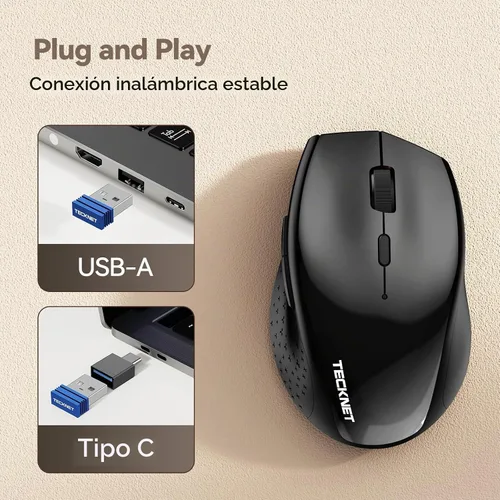 Vista 2 de TECKNET Ratón Inalámbrico Jiggler, Ratón Recargable de Clic Silencioso, Plug & Play con Adaptador USB-C, Ratón Ergonómico de 6400 DPI, Mover
