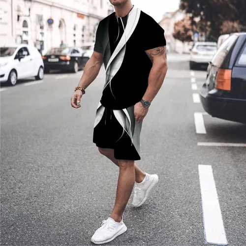 Vista 5 de HSSDH Conjunto corto para hombre, 2 piezas, conjunto deportivo de personalidad para hombre, camiseta de manga corta y pantalones cortos, atuendo