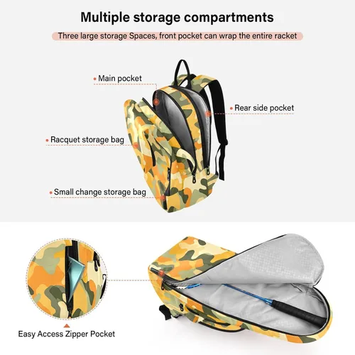 Vista 5 de Mujeres Hombres Mochila de Tenis Transpirable Camuflaje Amarillo Verde 2 Raquetas Raqueta Cubierta Bolsa Bolsa de Gimnasio para Hombres Mujeres