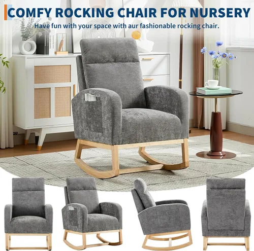 Vista 6 de Mecedora moderna para guardería, tapizada de lino con respaldo de 26 pulgadas de alto, asiento acolchado para sala de estar, dormitorio, lectura