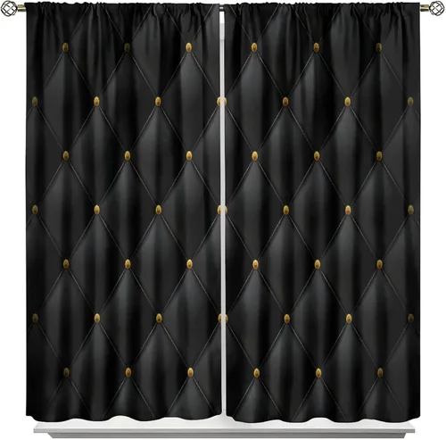Vista 13 de Cortinas Negras con Dobladillo Dorado, Cortinas Opacas con Bolsillo para Barra con Estampado de Rayas de Foil en Onda Dorada para Decoración de Negro