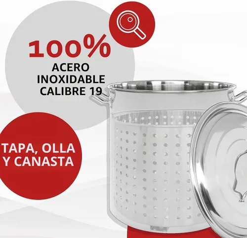 Vista 4 de CONCORD Olla de acero inoxidable con cesta de vapor. Utensilios de cocina ideales para hervir y cocinar al vapor (24 cuartos de galón)