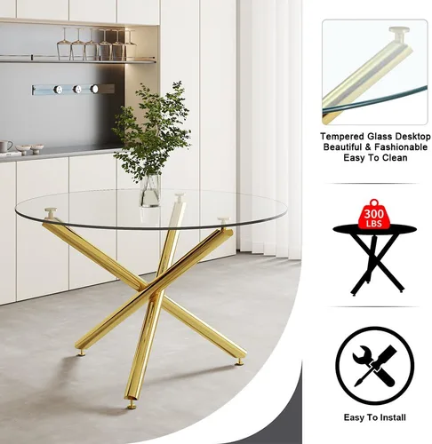 Vista 5 de Mesa redonda de comedor de vidrio para 4 a 6, moderna mesa superior de vidrio templado, patas cromadas resistentes, almohadillas ajustables