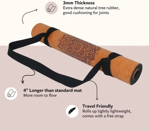 Vista 3 de Shakti Warrior Tapete de yoga de corcho, diseñado por artistas, tapete antideslizante ecológico de alta calidad, ideal para yoga regular y caliente