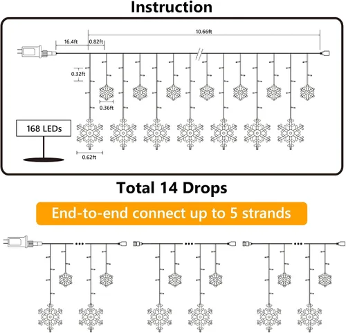 Vista 5 de Luces de Copo de Nieve de Navidad, 10.66 pies, 168 Luces LED de Carámbanos para Exteriores con 14 Gotas, 8 Modos Impermeables Conectables