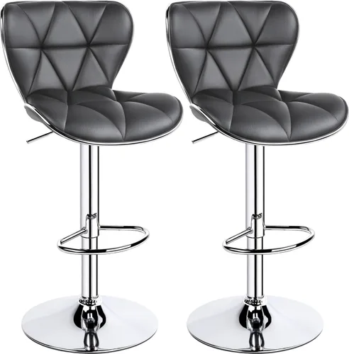 Vista 10 de Yaheetech Juego de 2 taburetes de bar, taburetes de bar ajustables de piel sintética con respaldo de concha, sillas de bar con reposapiés para Negro