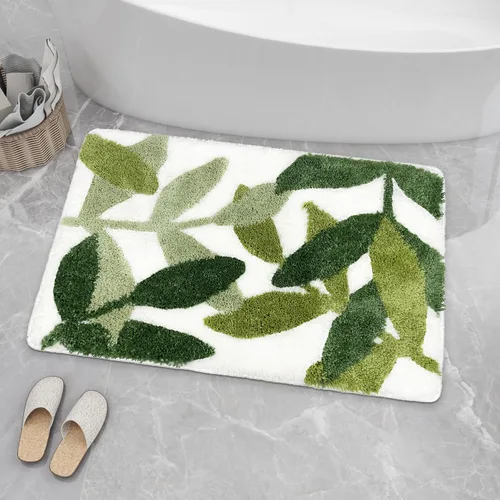 Vista 9 de Tapete verde para baño, de microfibra, absorbente, con diseño de hojas con reverso antideslizante para uso bajo techo en la puerta de entrada