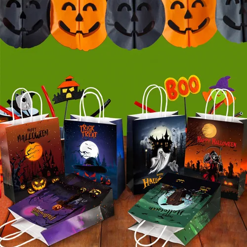 Vista 3 de BLEWINDZ 24 bolsas de regalo de papel de Halloween con pañuelos, bolsas de golosinas de Halloween con asa para truco o trato y recuerdos de fiesta