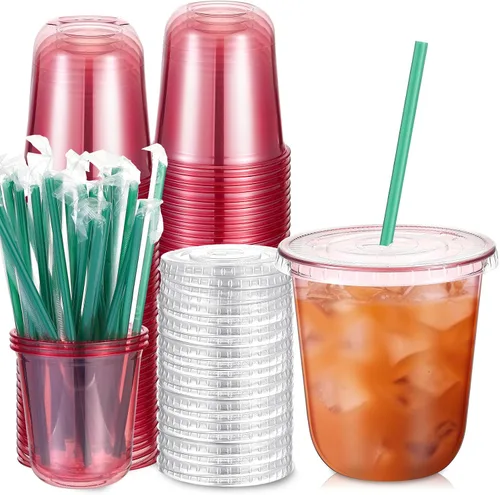 Vista 17 de Baderke Juego de 25 vasos de plástico con tapas y pajitas, tazas de plástico desechables para café helado, jugo, batido, cristal para cafeterías