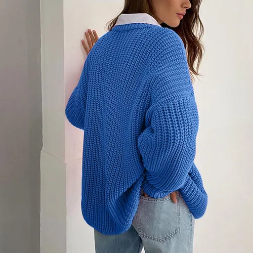 Vista 7 de Suéter de Punto de Manga Larga con Cuello Alto para Mujer, Tops básicos de Color sólido con Cuello Redondo