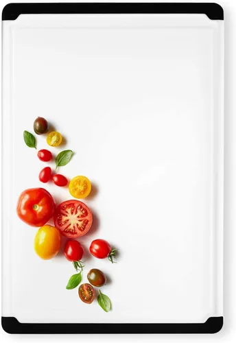 Vista 7 de Tabla de cortar de plástico para cocina, tabla de cortar extragrande de 18 pulgadas, ranura para jugos, pies antideslizantes, apta