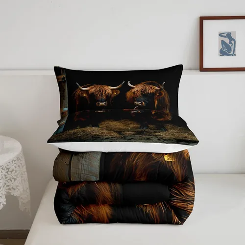 Vista 6 de Ropa de cama con estampado de vaca marrón tamaño individual, juego de edredón rústico de piel de vaca con calavera de vaca, relleno de edredón