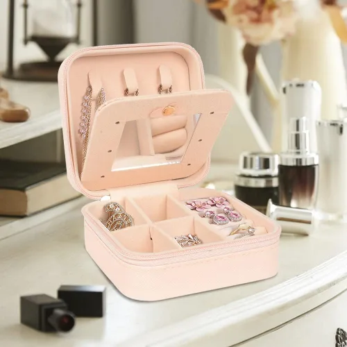 Vista 7 de Joyero pequeño, mini joyero de viaje, organizador de joyas de viaje, organizador de viaje, estuche de almacenamiento con espejo para anillos