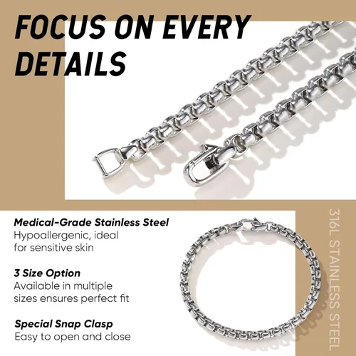 Vista 6 de VNOX Box Chain Bracelet for Men Women - Simple Metal Mens Bracelets Square Rolo Link Round Box Chain Black Stainless Steel Bracelets Jewelry Gifts