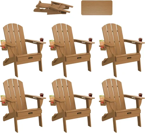 Vista 27 de Silla Adirondack Plegable, Sillas Adirondack de Plástico con Textura de Madera con 2 Portavasos, Silla para Hoguera de HDPE Resistente a