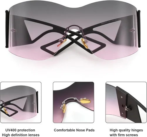 Vista 6 de Karsaer Vision - Gafas de sol futuristas de gran tamaño para mujeres y hombres, a la moda, sin montura Y2k, gafas de sol envolventes