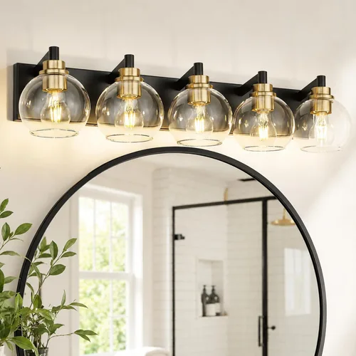 Vista 24 de Accesorios de iluminación de baño, luz de tocador mate negra de 2 luces, apliques de pared modernos con pantalla de globo de vidrio transparente
