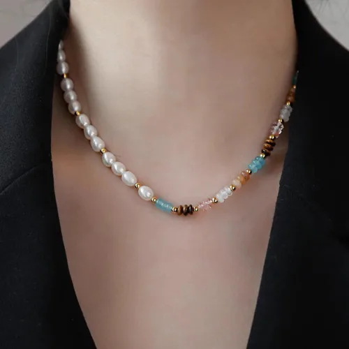 Vista 5 de Freshwater Pearl Strand Necklace Tiger Eye Natural Gemstone Handmade Chain 18K Gold Jewelry Birthday Gift for Women 19inch Valentine Gift for Her