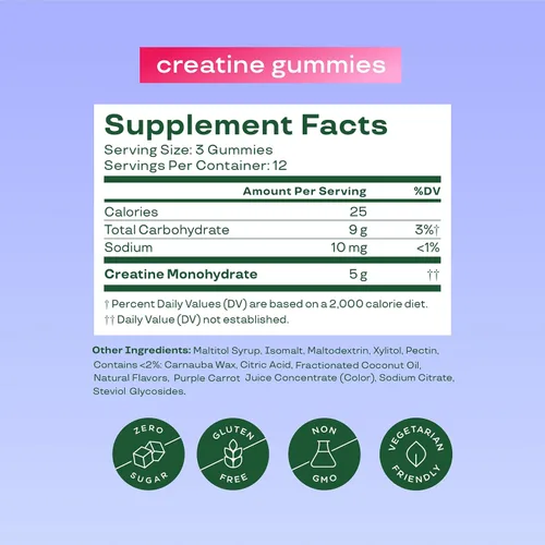 Vista 2 de Gomitas de monohidrato de creatina Bloom, 5g por porción, gomita de creatina sin azúcar para entrenamiento, fuerza, salud cognitiva y apoyo muscular