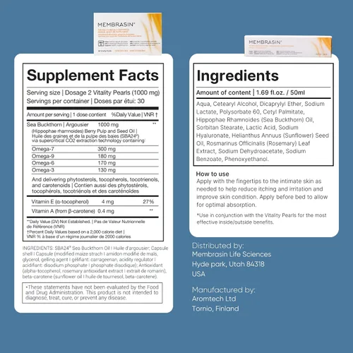 Vista 8 de Membrasin Vitality Pearls Apoya la hidratación femenina Suplemento oral sin estrógenos Aceite de Omega 3, 6, 7, 9 y espino amarillo