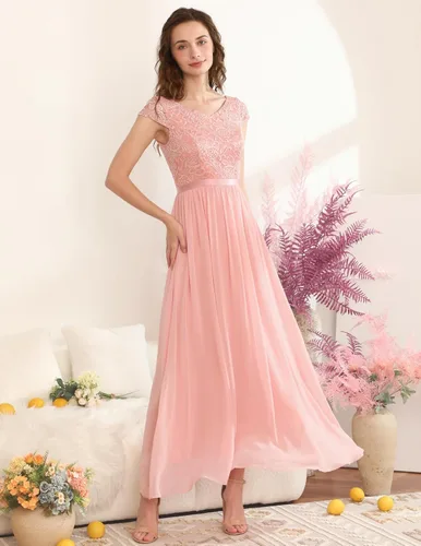 Vista 2 de DRESSTELLS Vestido largo formal para mujer, vestido de dama de honor, vestido de fiesta de noche, fiesta de noche, vestido de playa con cuello en V