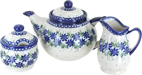 Vista 7 de Cerámica polaca de rosa azul, juego de té de 3 piezas de flor de manzana, tetera de 4 tazas, cerámica polaca pintada a mano, servicio de café y té