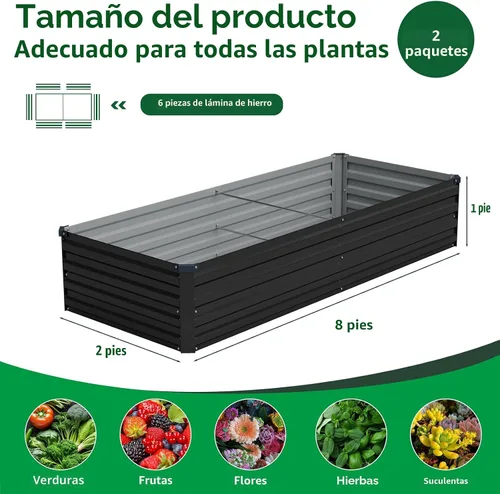 Vista 2 de Vengarus Kit de cama de jardín galvanizado elevado de 8 x 2 x 1 pies (paquete de 2), maceta de metal para exteriores, contenedor rectangular de Negro